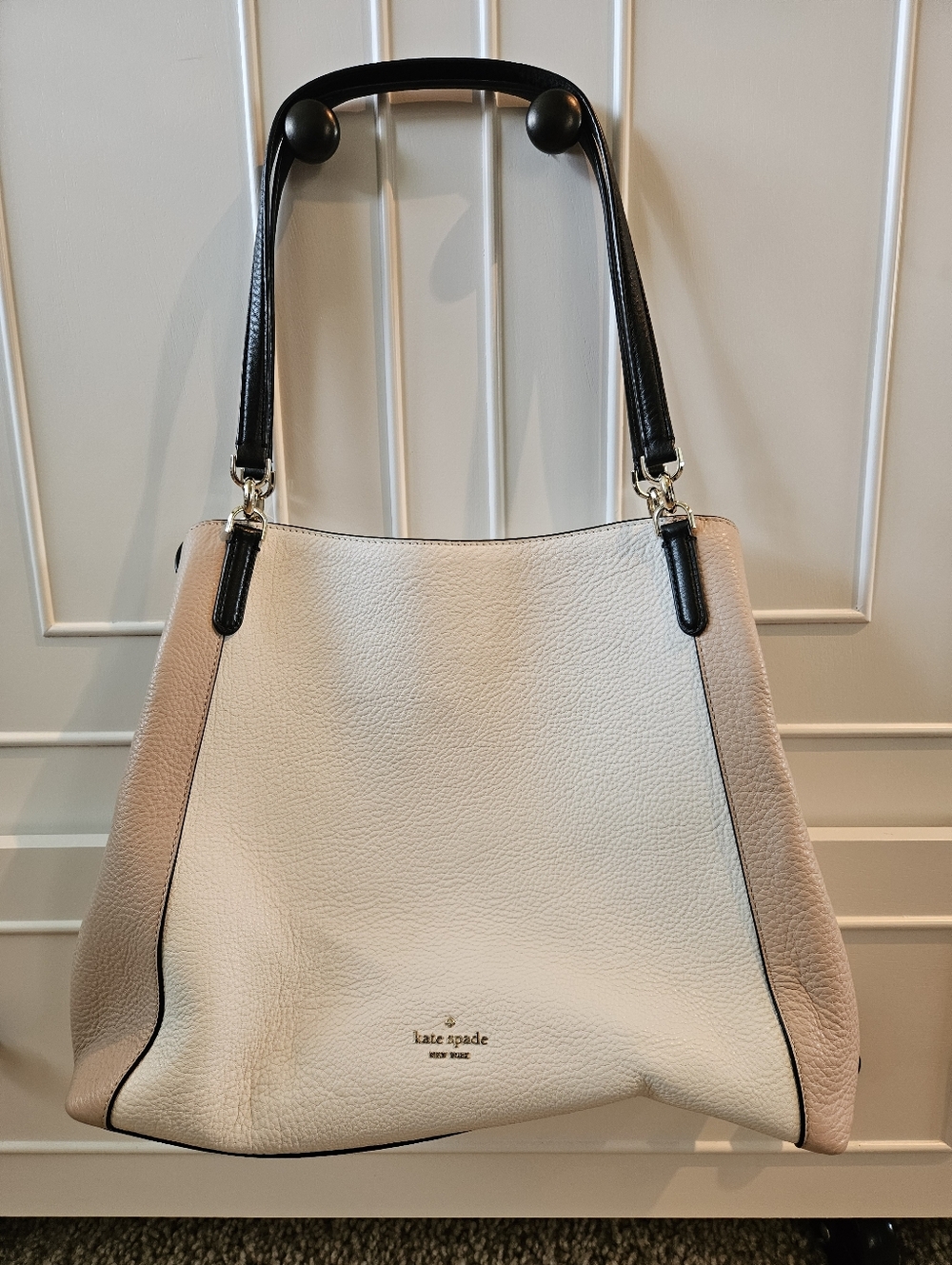 Kate Spade Cream & Tan Pebbled Leather Shoulder Bag with Black Handles NWOT